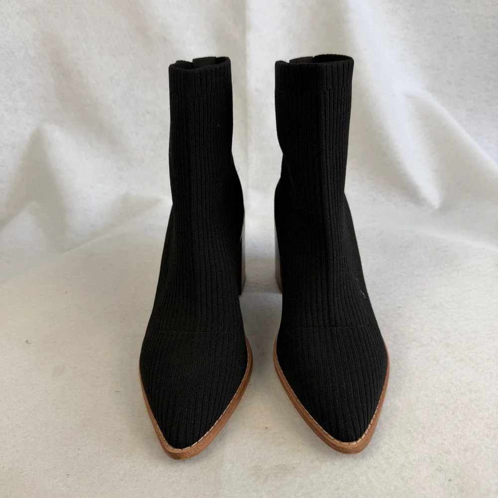 Steven New York Nichol Black Ribbed Knit Sock Bootie Pointed Toe Block Heel Sz 8